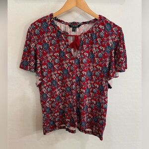 Ralph Lauren Red Floral Tie-Neck Short Sleeve Blouse Size XXL Like New w/o Tags